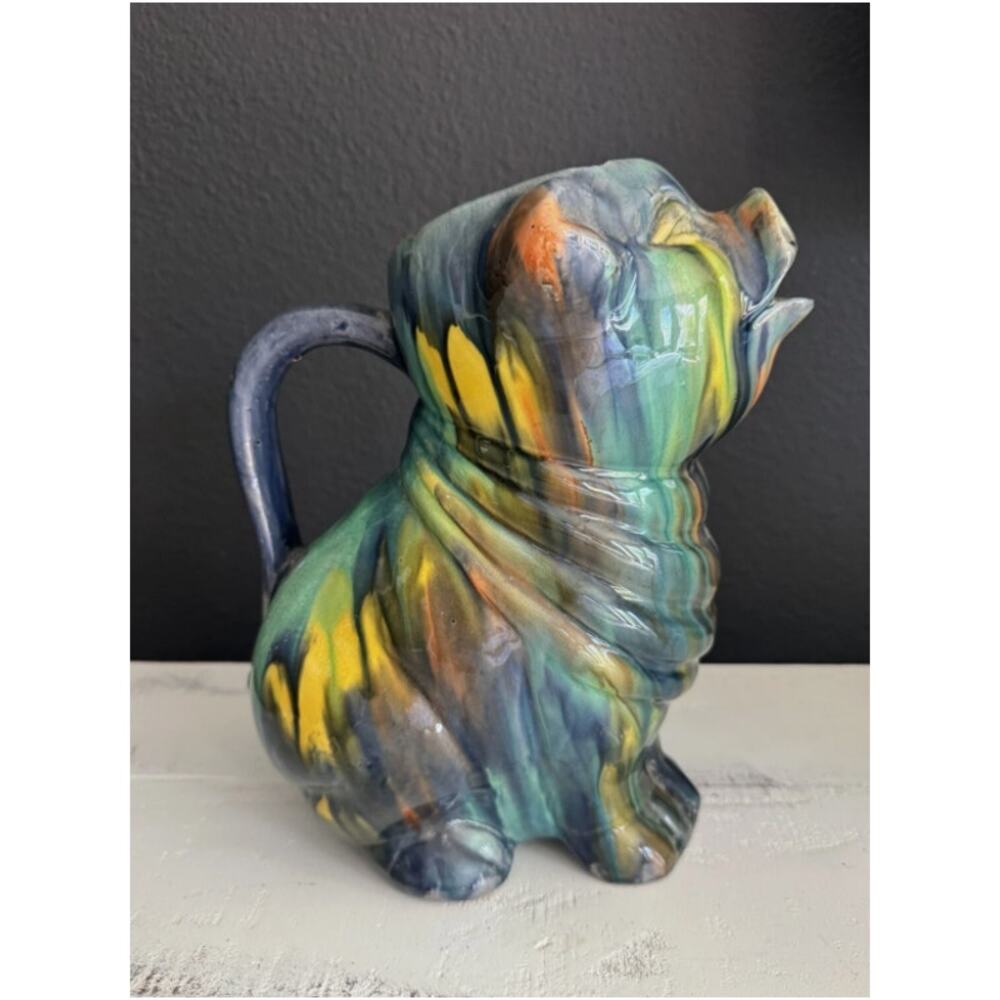 Rare Oaxacan Majolica Slipware Pig Pitcher Blue Yellow Drip Folk Art Pottery mex